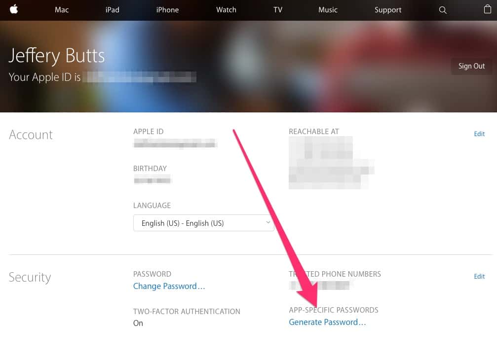 The Apple account home page, with an option to generate an app-specific password for apps that access data through your iCloud account