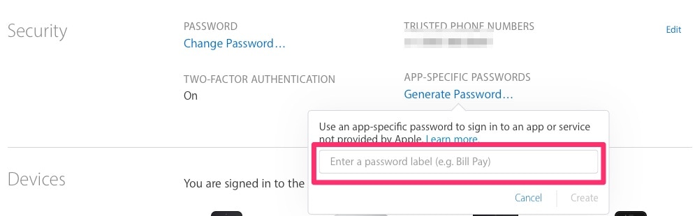 App-specific password generator asking for a password label