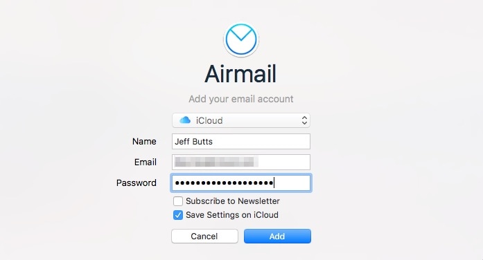 Pasting an app-specific password into the credentials for Airmail 3 so the app can access your iCloud email after two-factor authentication is enabled