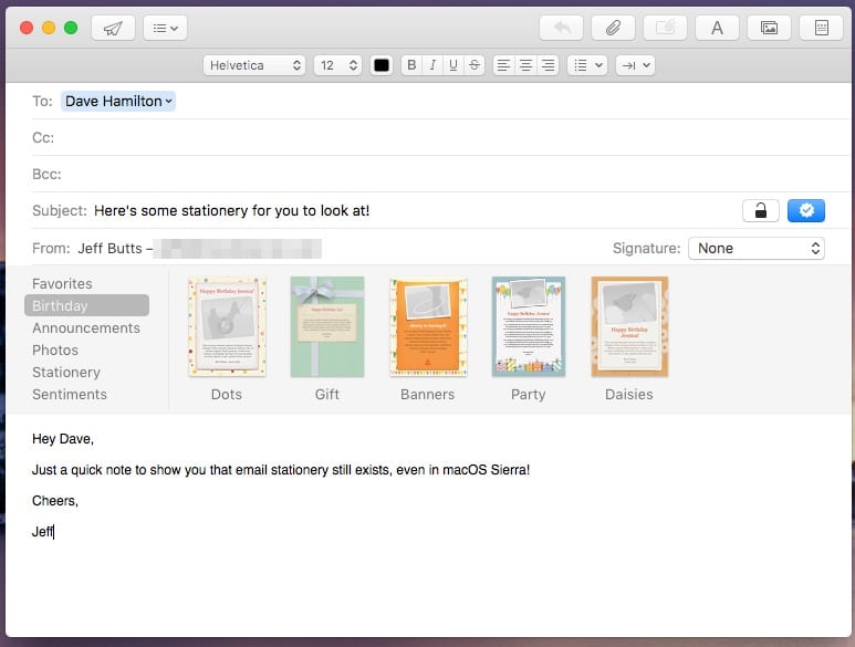 Various selections for stationery in Apple Mail