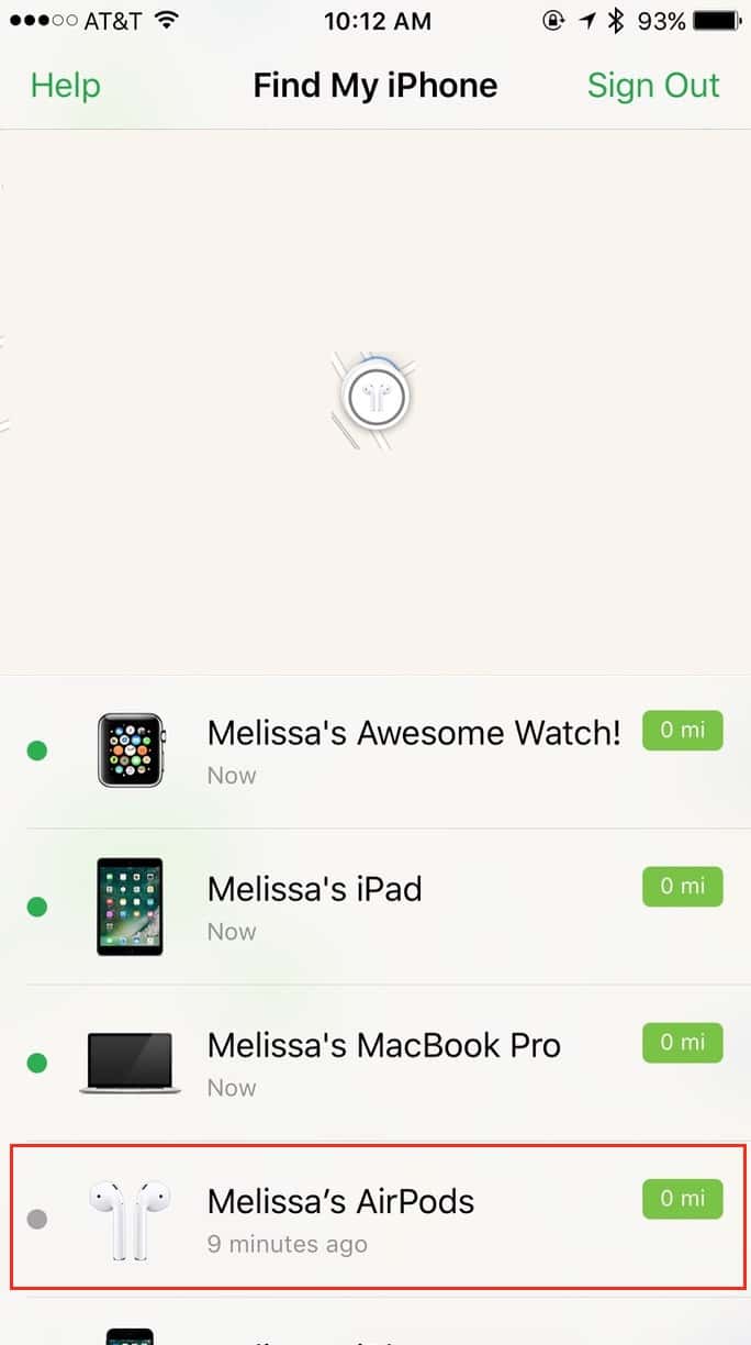 Find my iPhone shows a list of all your Apple devices, including AirPods