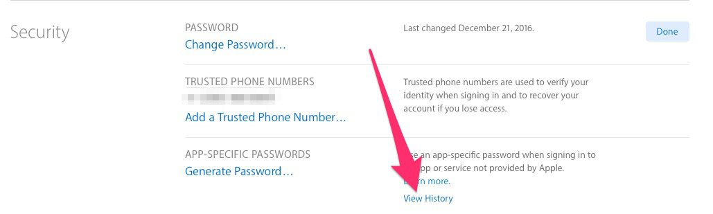 The Security menu, where you can view the app-specific passwords you've generated for apps accessing your iCloud account after two-factor authentication is enabled