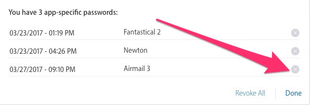 Choose an app-specific password to revoke by clicking the X button next to an app's name
