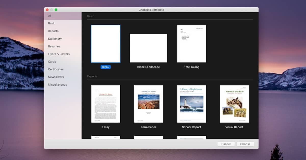 Change Pages for macOS to always open with a blank document or some other template
