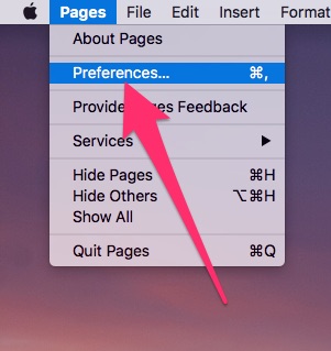Accessing the Preferences for Pages for macOS