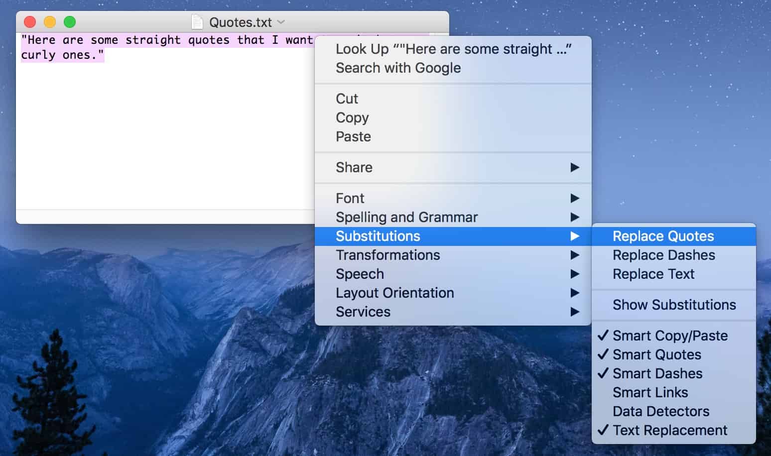 The Substitutions menu option in TextEdit includes a Replace Quotes feature