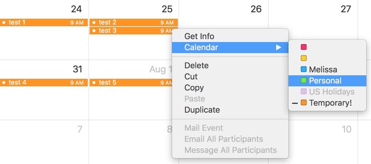 Command-click after selecting multiple events to see the Contextual Menu