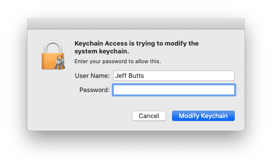 Modifying Keychain Access requires administrative access