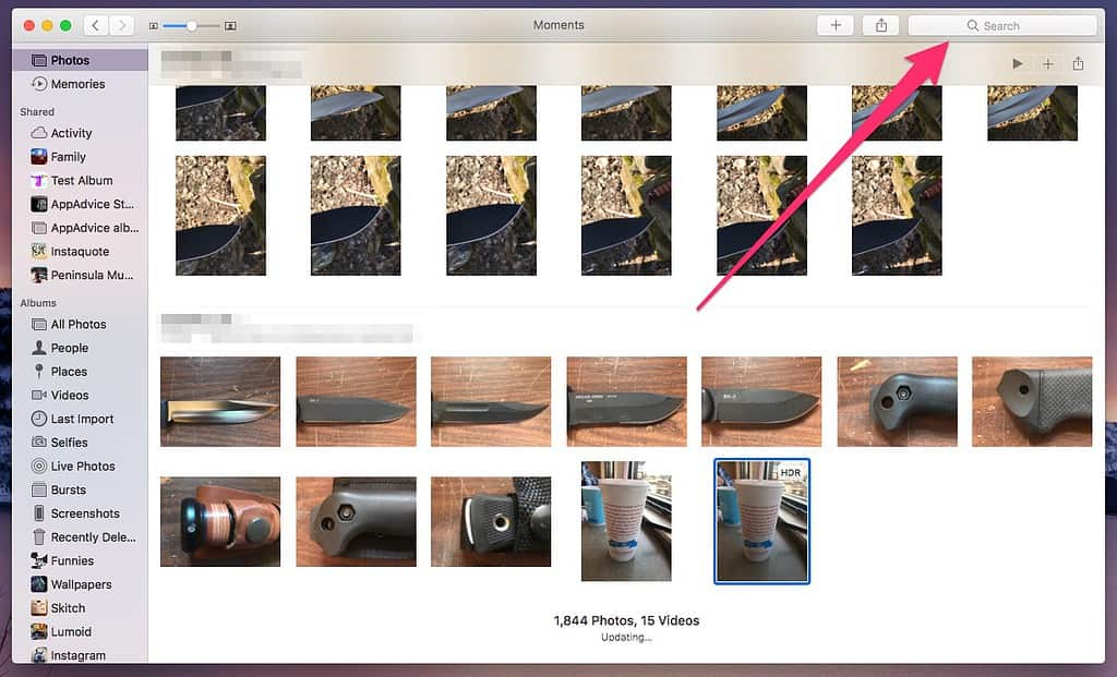 Photos on macOS, identifying the search bar