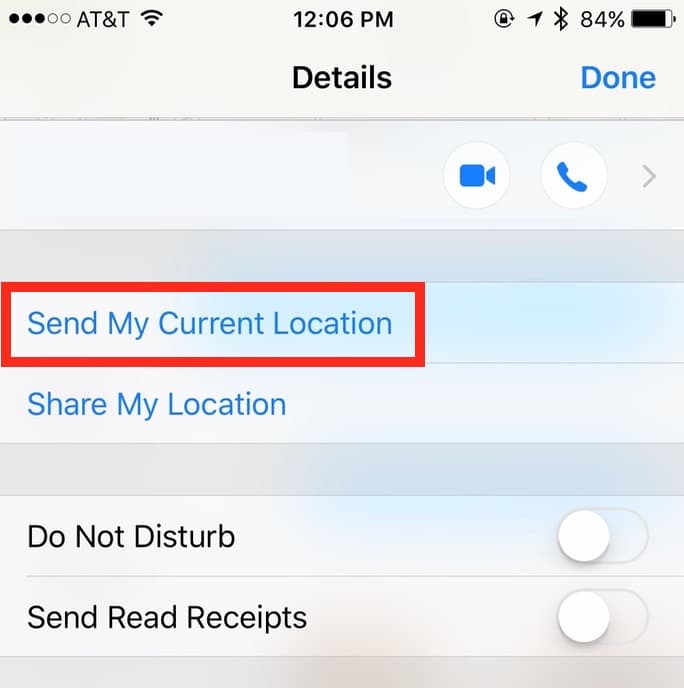 Tapping the Info button in a chat reveals the Send My Current Location feature