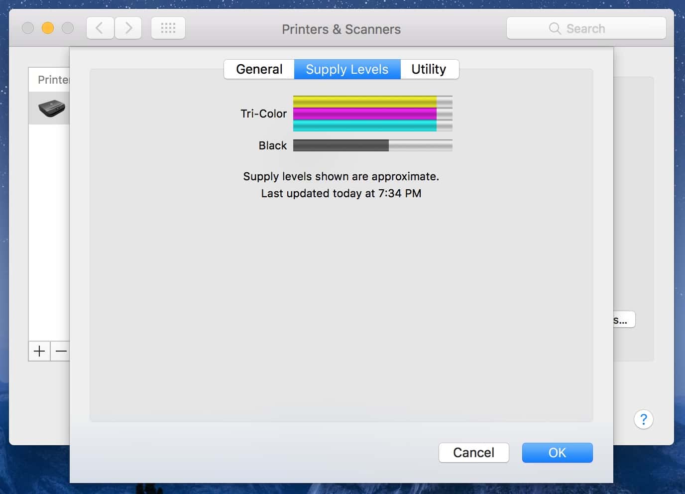 You can see how much ink or toner is left under the Supply Levels tab in the Printers & Scanner settings