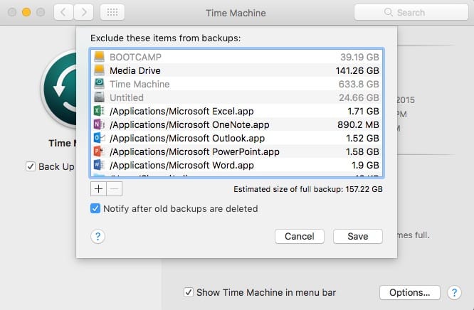 Excluding files and folders from Time Machine backups