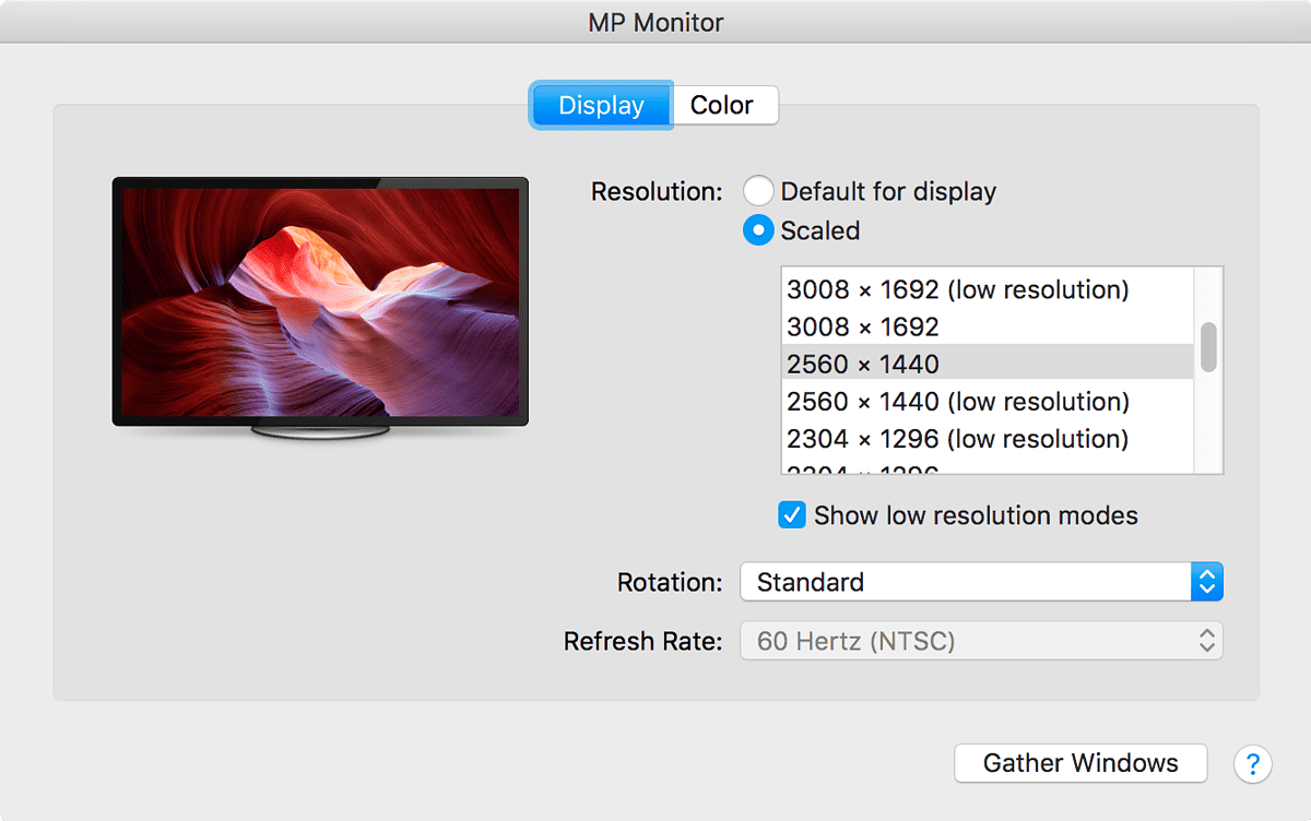 macOS System Preferences Displays Low Resolution options showing on a 4k monitor