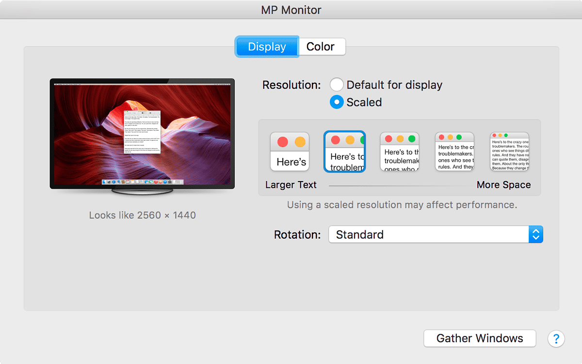 macOS Displays Preference Pane with Retina Scaled resolution showing on a 4k monitor