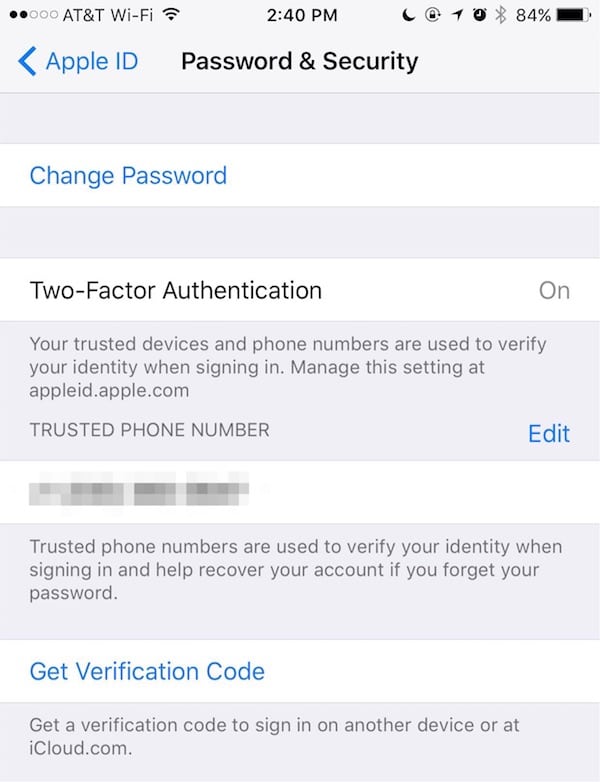 Changing security information in iCloud settings