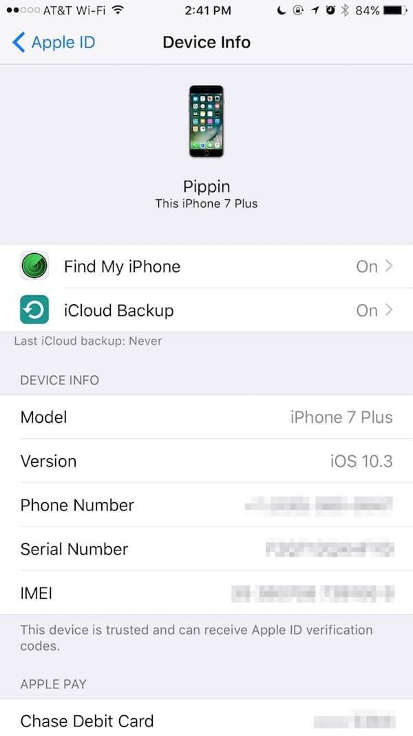 Viewing information about an iOS device in iCloud settings