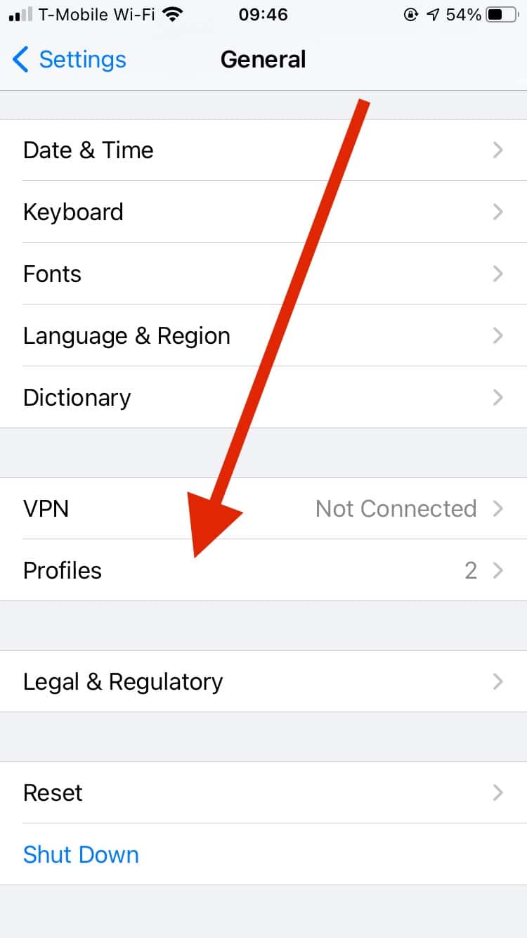Selecting Profiles from General settings - encrypting email with iOS Mail