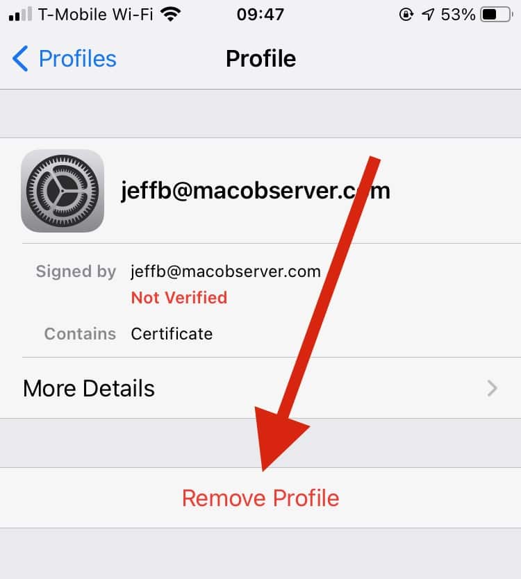 Deleting a profile in iOS - encrypting email with iOS Mail