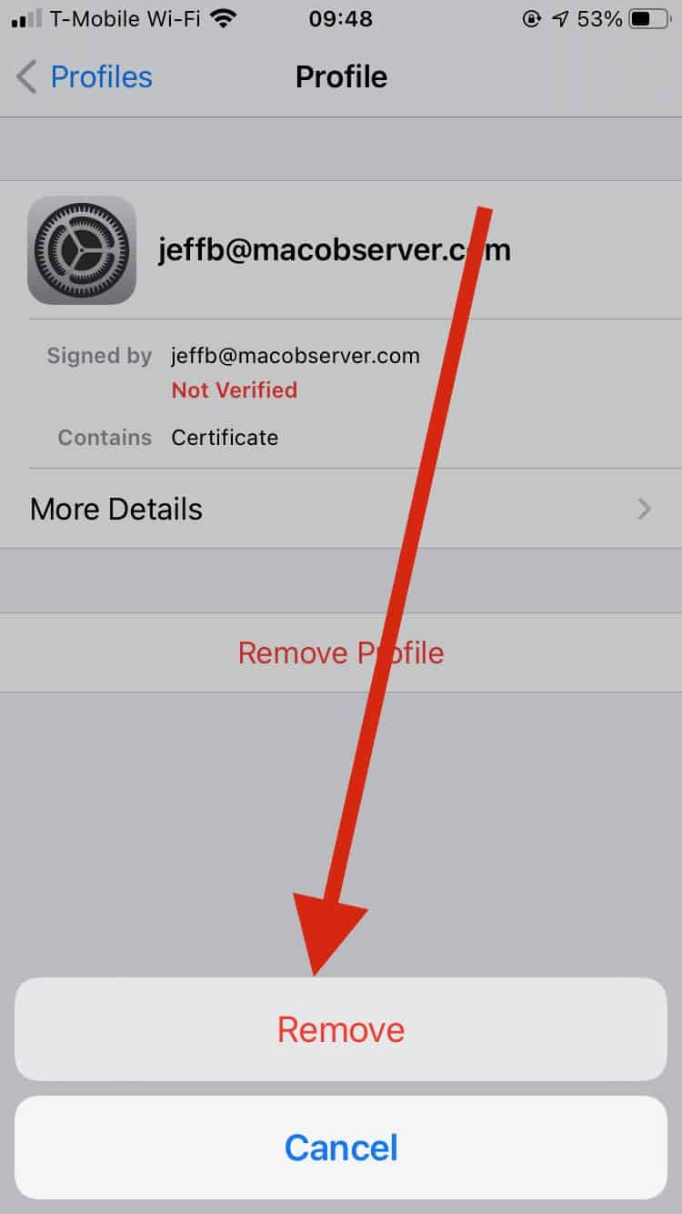 Tap Remove a final time to delete the profile - encrypting email with iOS Mail