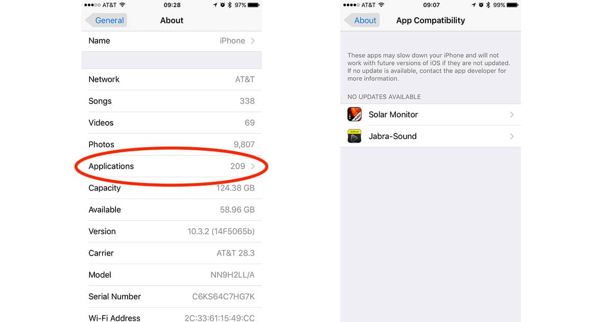 Settings > General > About > App Compatibility shows which iOS apps are still 32-bit