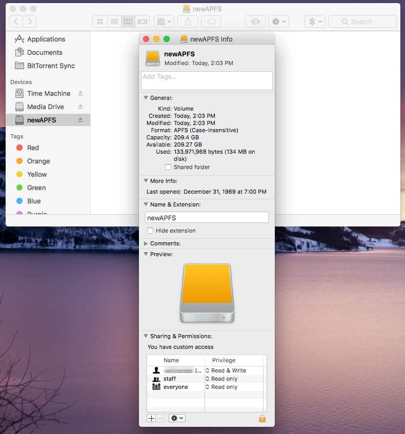 An APFS drive in Finder on macOS Sierra 10.12.4