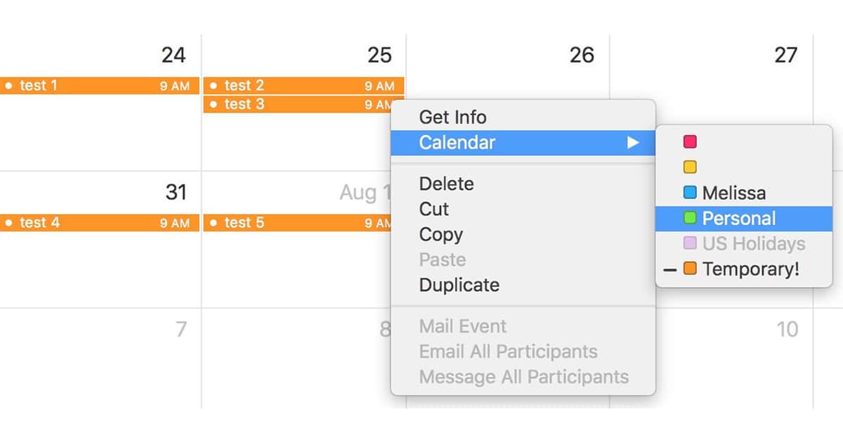 how to move a group of events to a different calendar in the macOS Calendar app