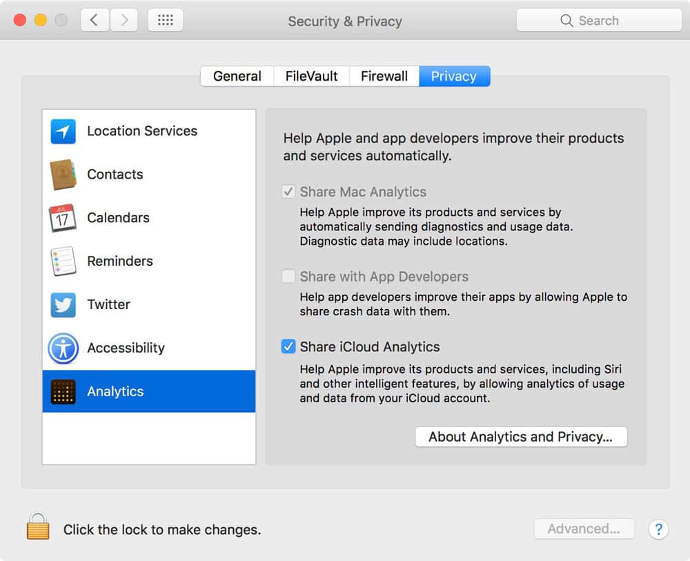 Analytics Pane of Privacy Settings in macOS Sierra 10.12.4