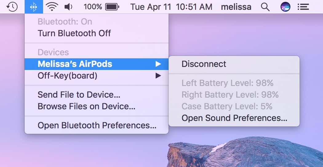 Mac Bluetooth menu showing AirPods battery level