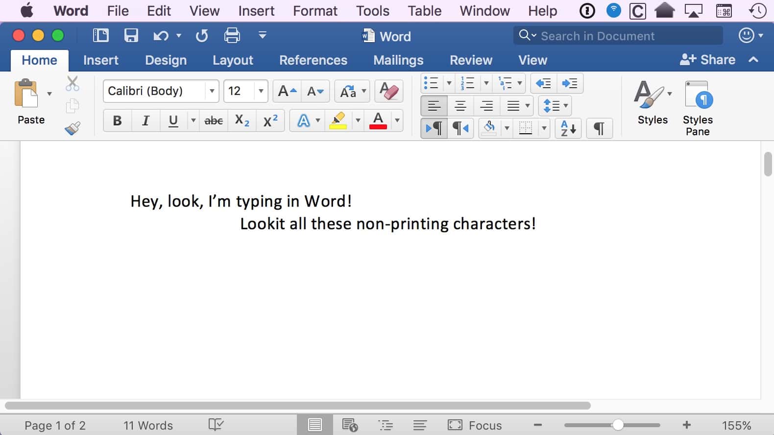 Word text with formatting invisible characters, or nonprinting characters, hidden