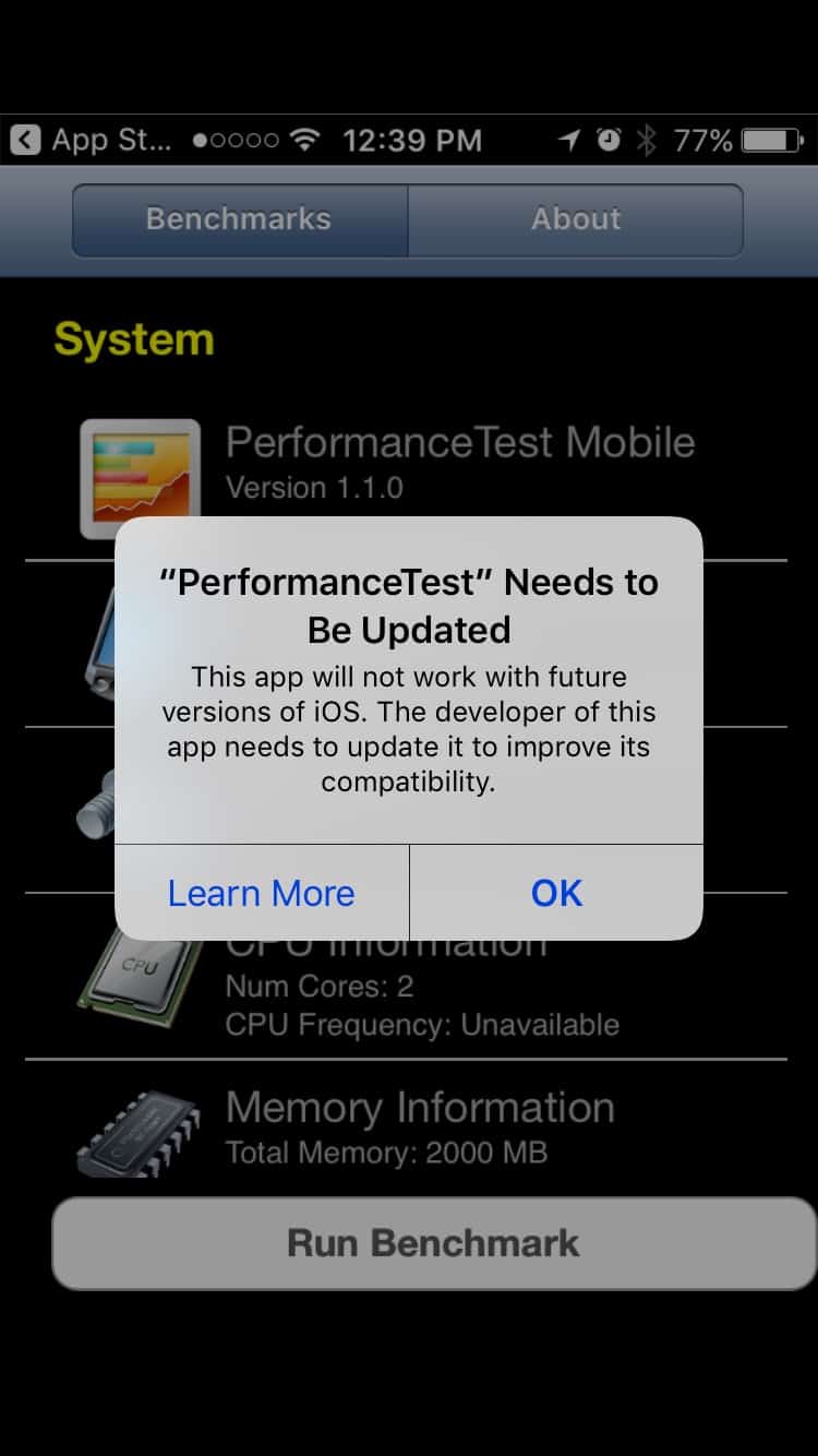 Incompatibility report in PerformanceTest Mobile - APFS in iOS