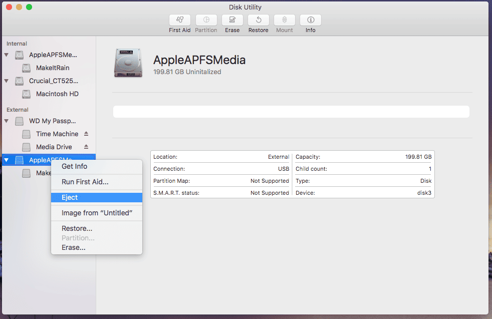 Use Disk Utility to eject your APFS container before you delete your APFS partition