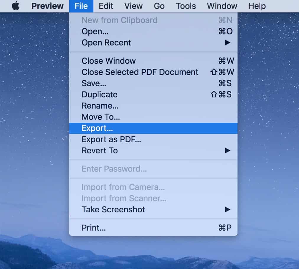The File menu in Preview includes an Export menu item where you can reduce PDF file size