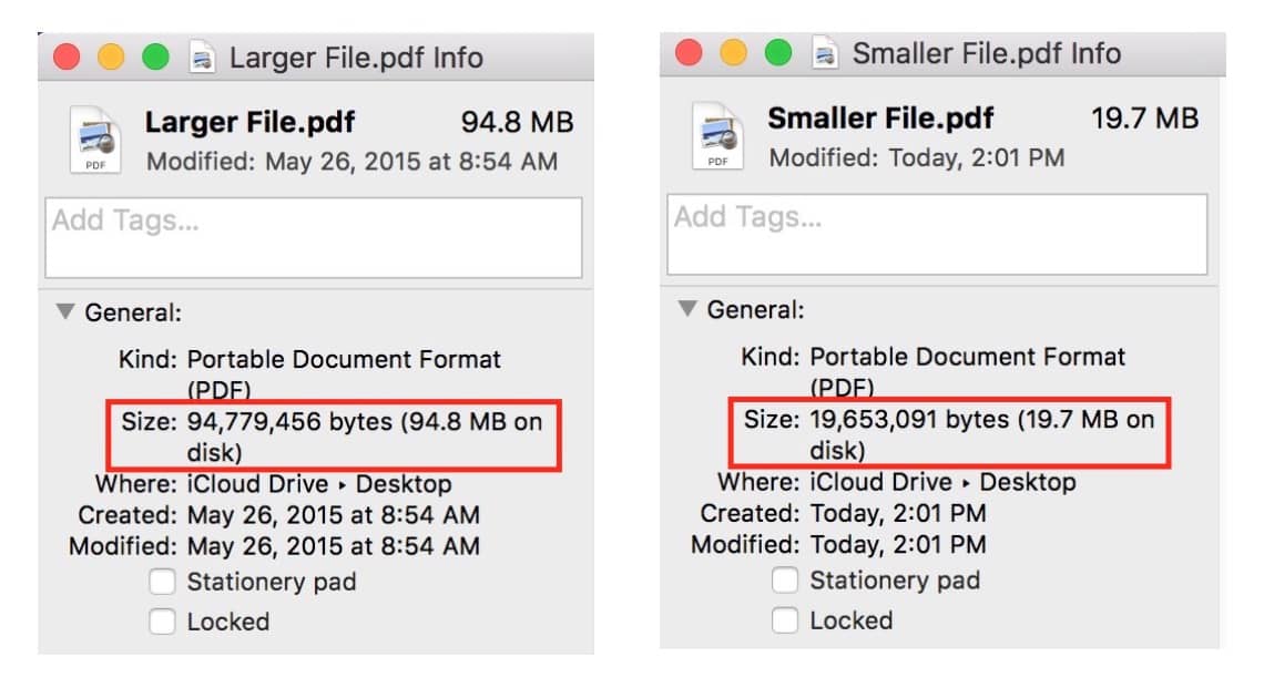Comparing PDF file size before and after using Preview's Export option