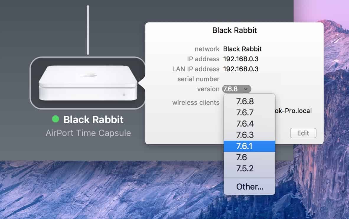 Click version after selecting your Basestation to downgrade your AirPort firmware