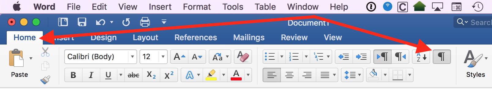 Home Tab in Word shows the Paragraph button, which shows or hides invisible characters (nonprinting characters)