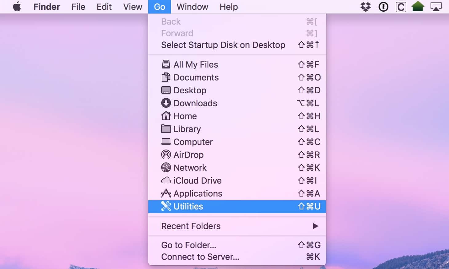 The macOS Go Menu gives you quick access to the Utilities folder where AirPort Utility lives