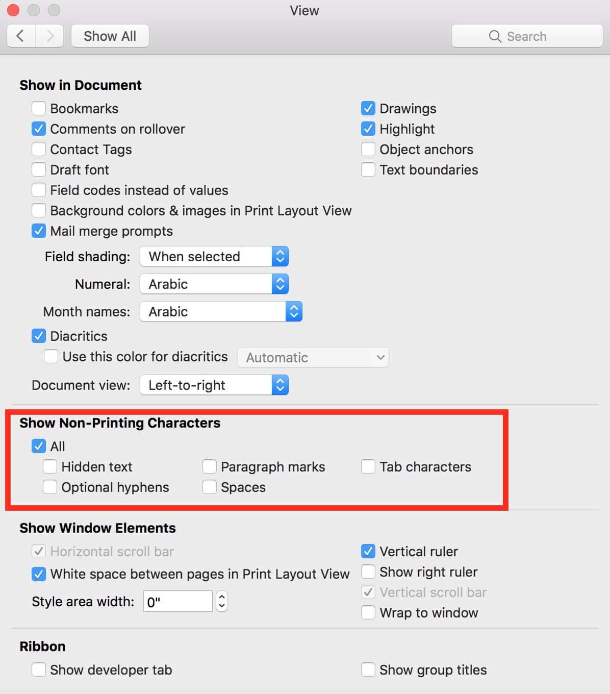 Use the nonprinting characters section in Word Preferences View settings to choose which invisible characters are always visible