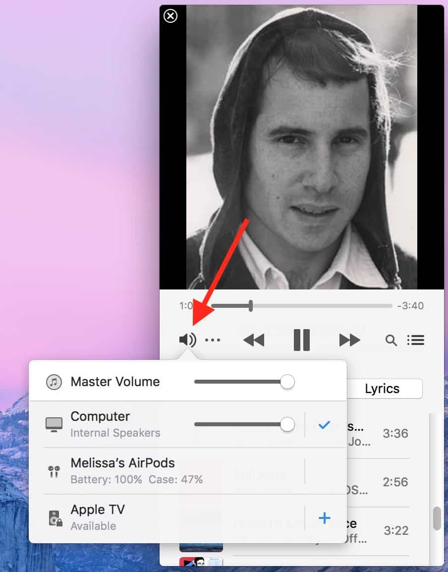 iTunes MiniPlayer on the Mac showing AirPods battery level