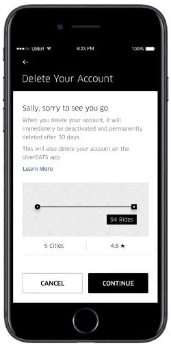 Delete Uber account data screen in app. 
