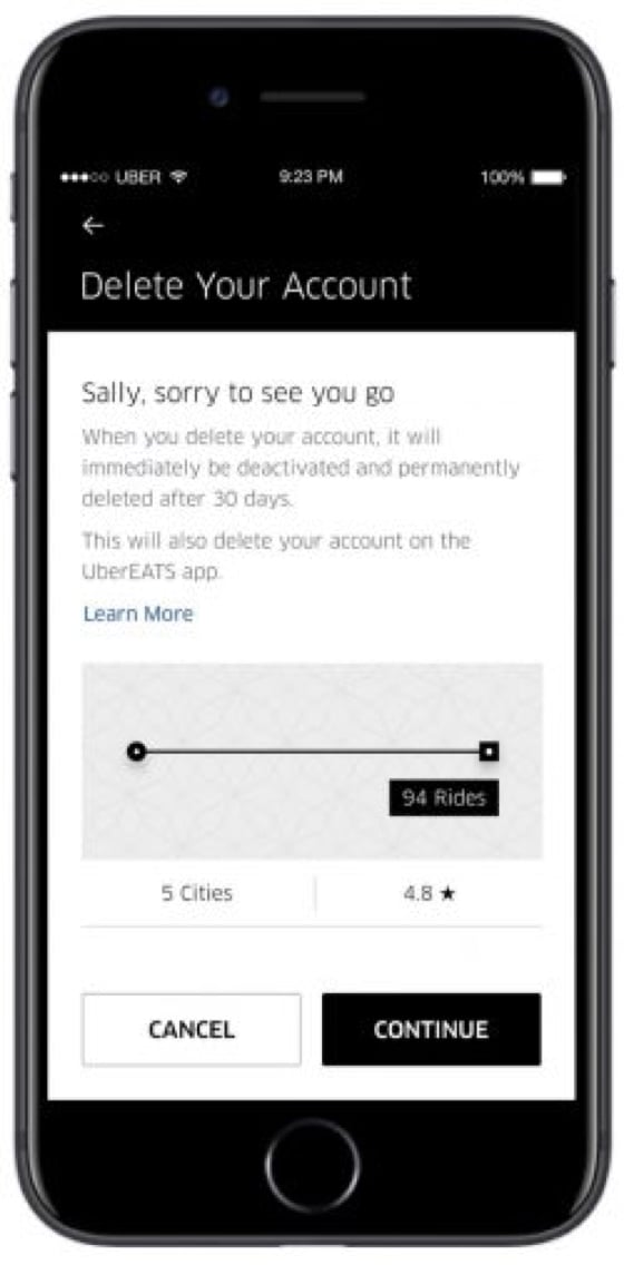 Delete Uber account data screen in app.