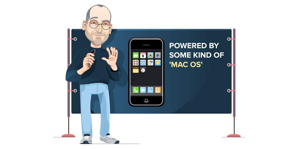 Illustration of Steve Jobs introducing the first iPhone