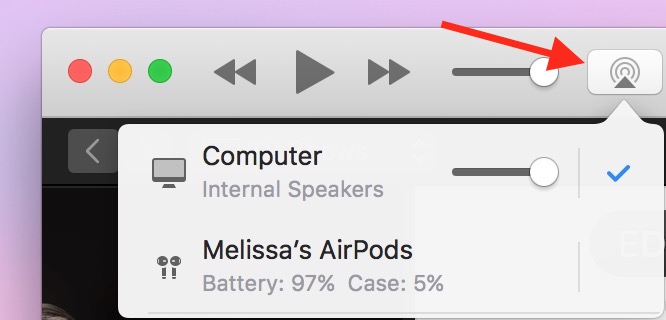 Speaker Icon in iTunes on the Mac showing AirPods battery level