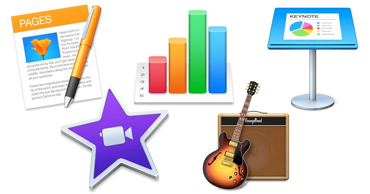 Icons for Pages, Numbers, Keynote, iMovie, and GarageBand