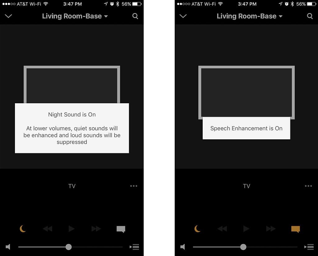 Two iPhone screenshots of the Sonos app showing Night Sound and Speech Enhancement