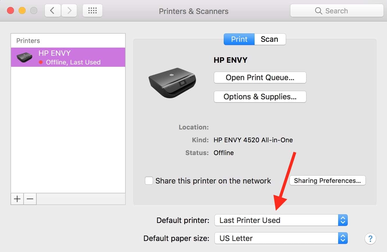 The Default Printer pop-up menu in Printers & Scanners System Preferences let you choose which printer your Mac always uses