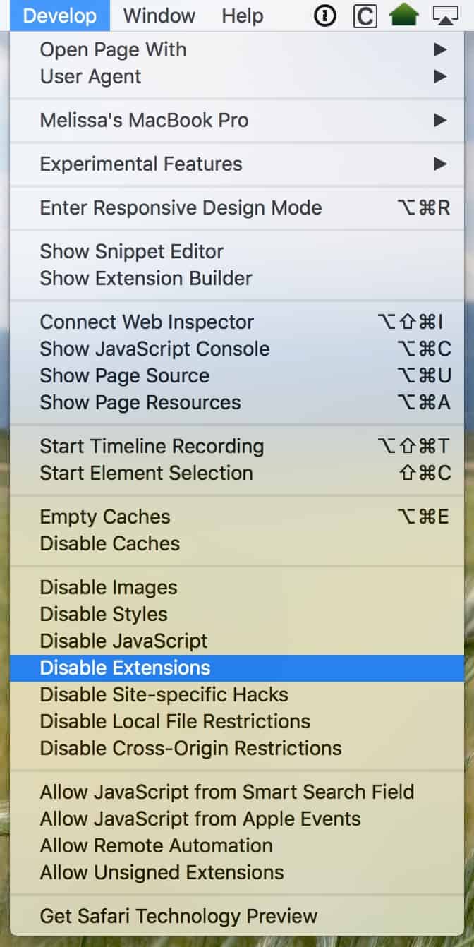 Safari's Develop menu includes a Disable Extensions option