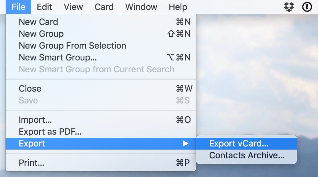 Choose File > Export vCard to archive just the contacts you selected as vcards