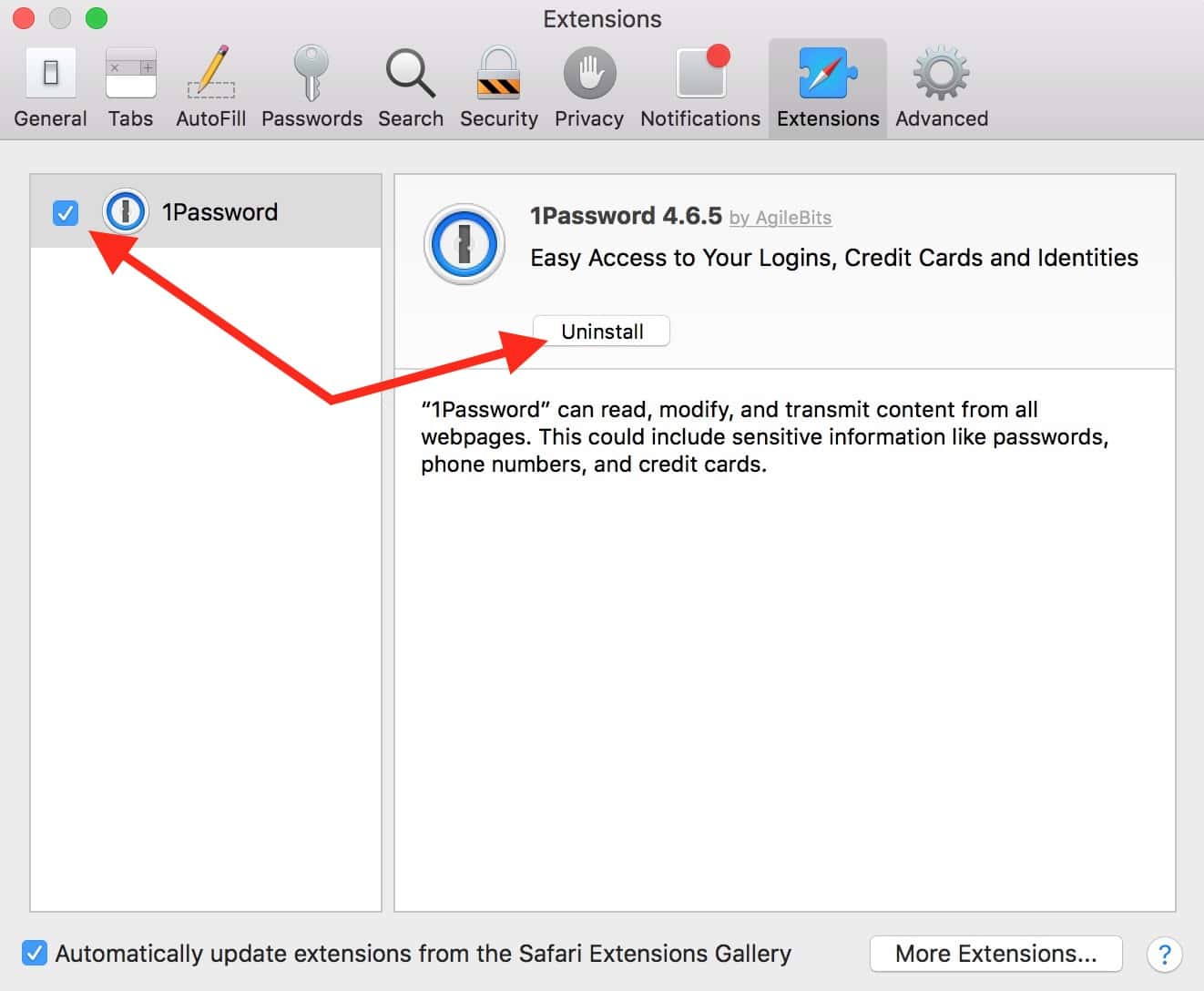 The Extensions tab in Safari Preferences lets you disable installed browser extensions