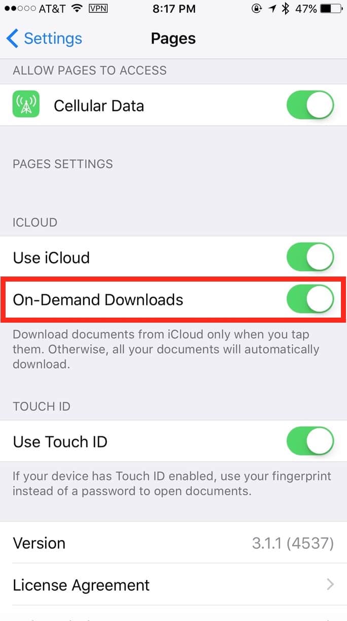 Turn off On-Demand Downloads to automatically download iCloud documents